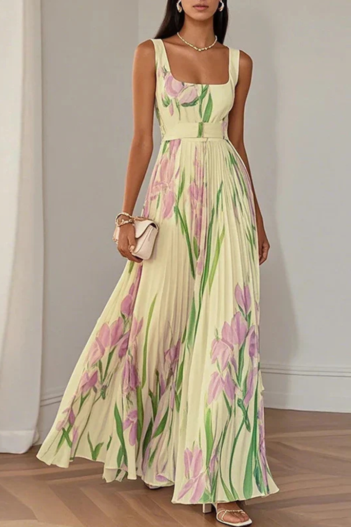 Vestido maxi para mujeres, multicolor, escote cuadrado, plisado floral, sin mangas