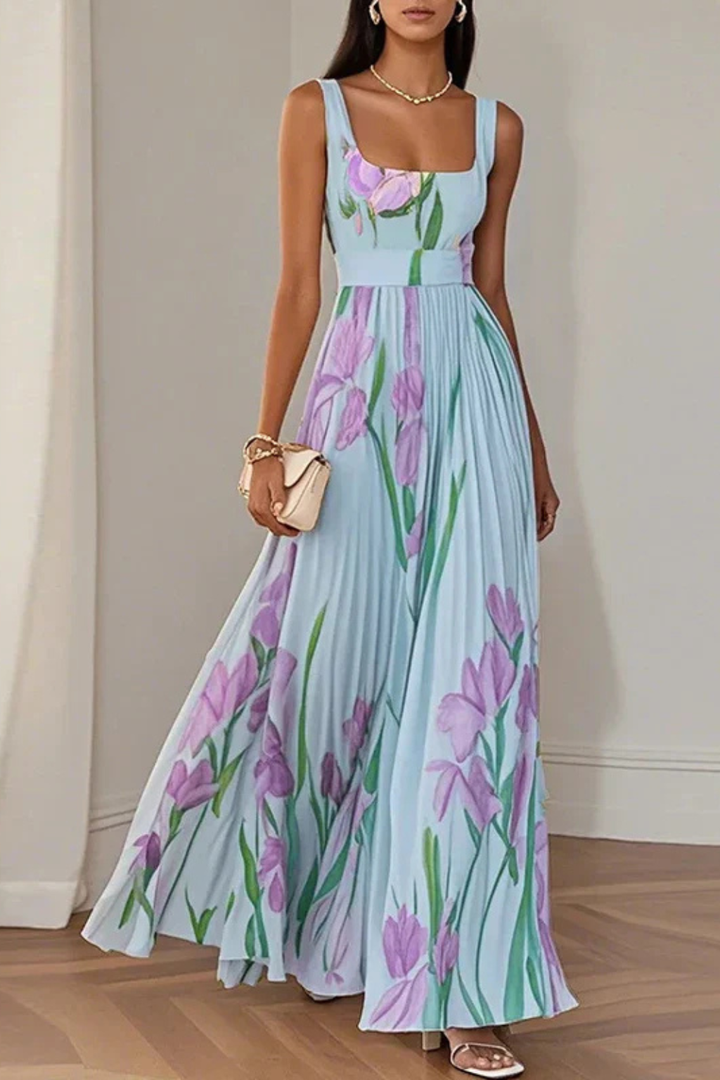 Vestido maxi para mujeres, multicolor, escote cuadrado, plisado floral, sin mangas