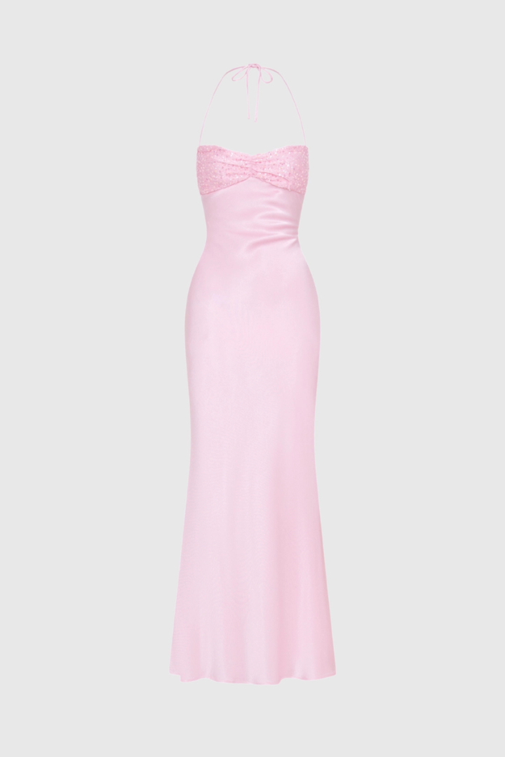 Vestido maxi de mujer con cuello halter, cuerpo adornado y espalda con cordones, corte recto