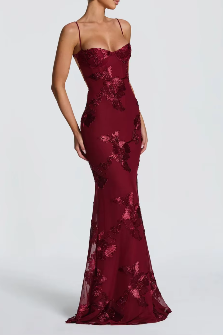 Vestido maxi para mujeres sin tirantes, espalda descubierta, con cordones y bordado floral