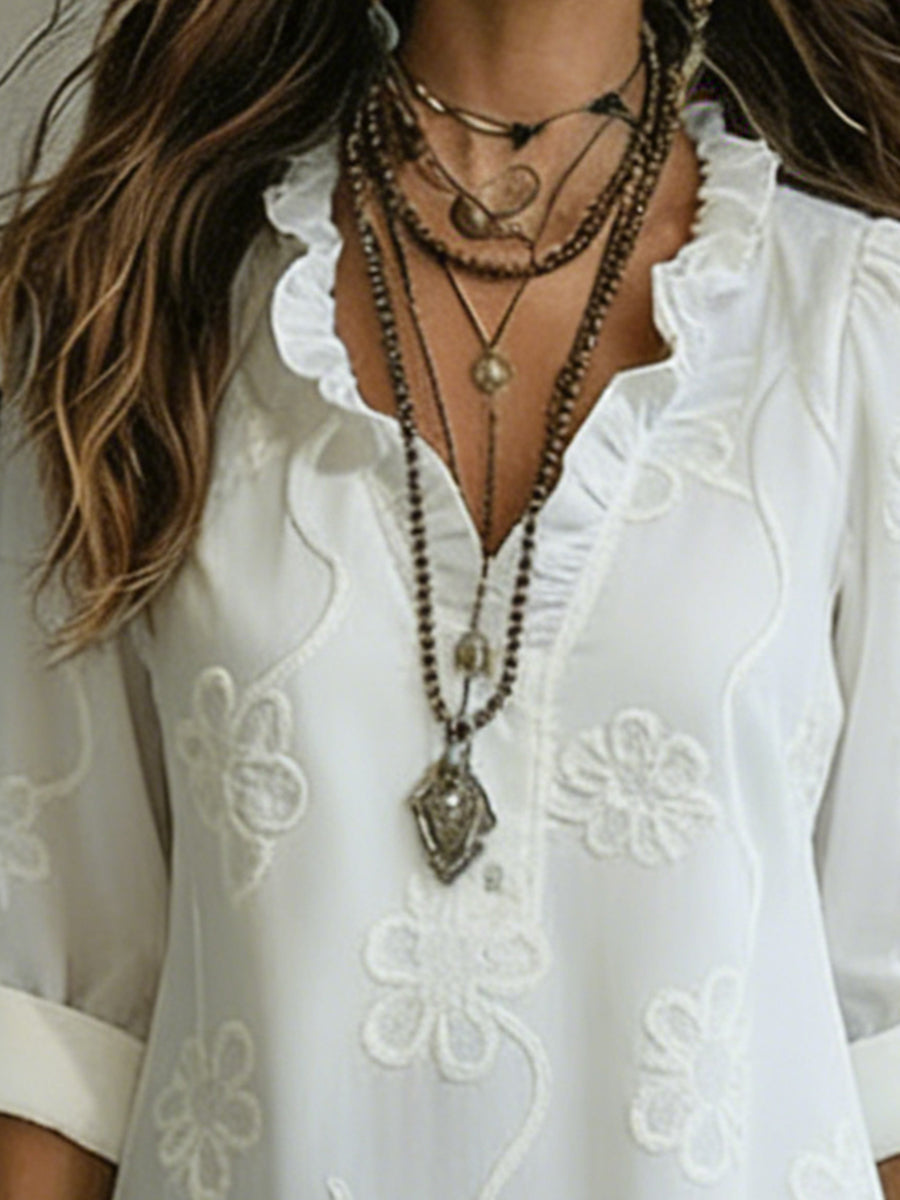 Vestido Maxi de mujer con escote volado y bordado floral, mangas con botón enrollable