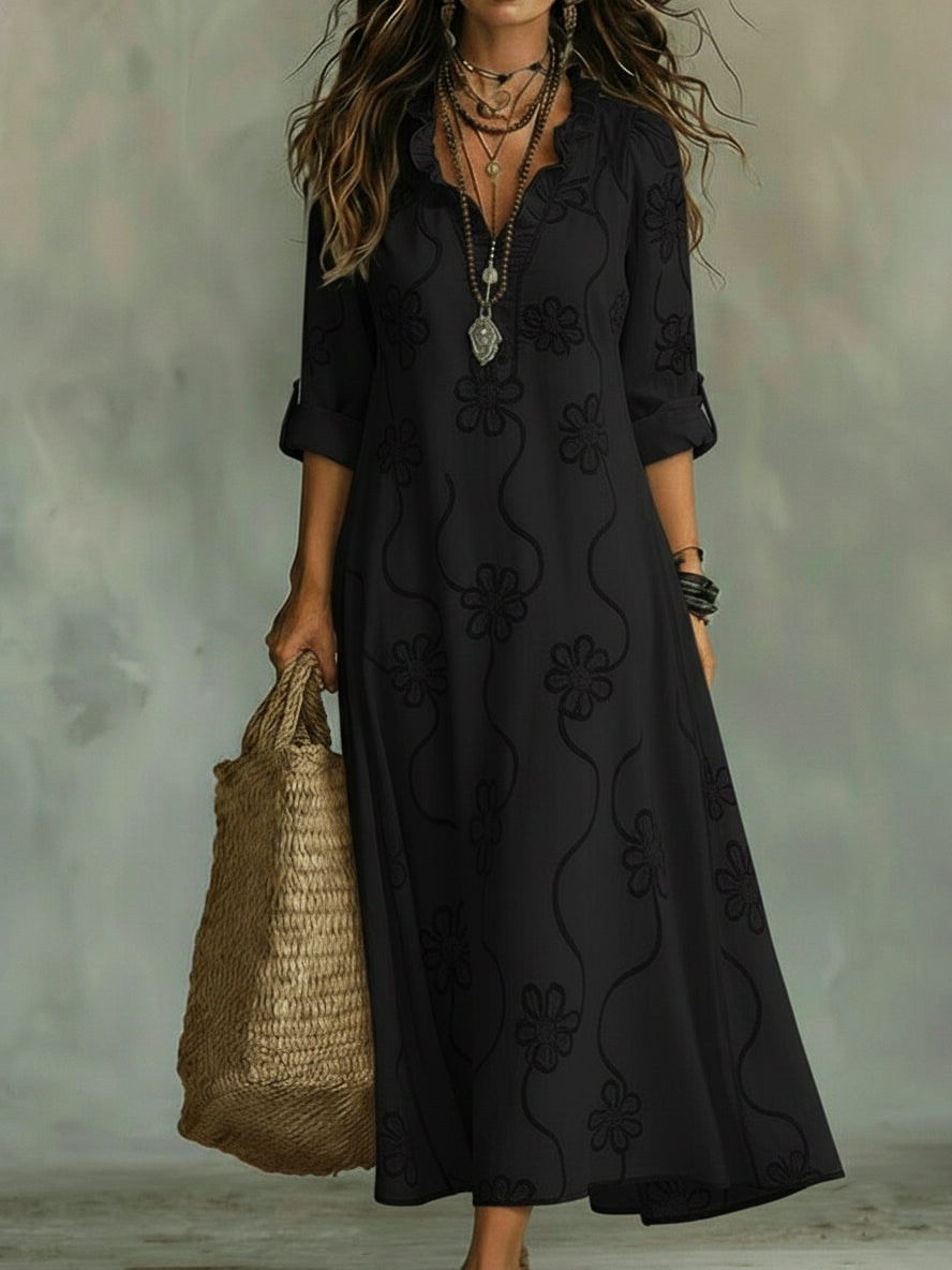 Vestido Maxi de mujer con escote volado y bordado floral, mangas con botón enrollable