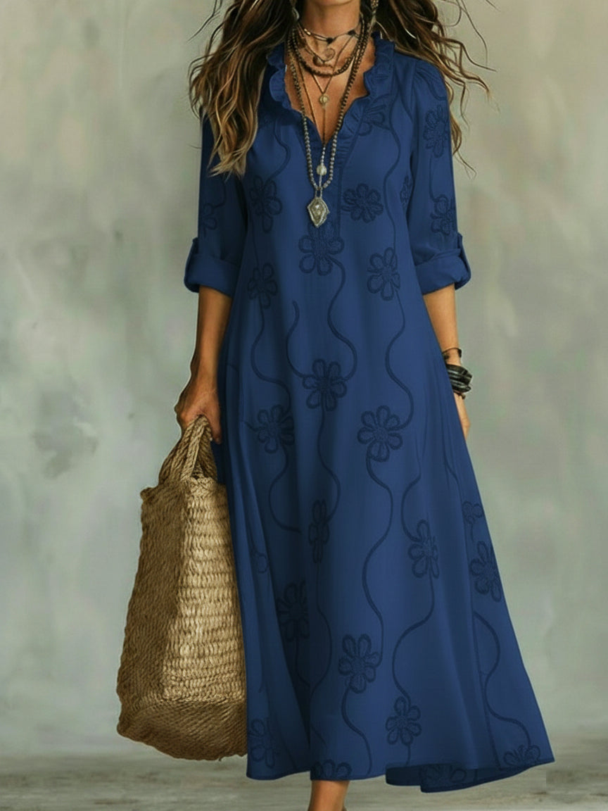 Vestido Maxi de mujer con escote volado y bordado floral, mangas con botón enrollable