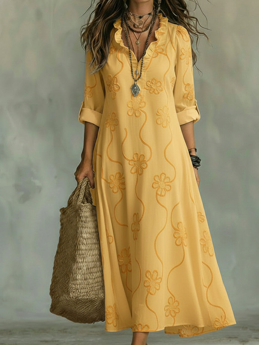 Vestido Maxi de mujer con escote volado y bordado floral, mangas con botón enrollable