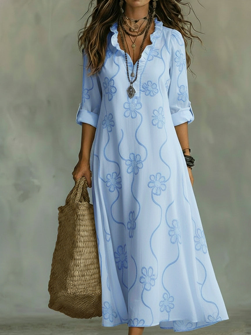 Vestido Maxi de mujer con escote volado y bordado floral, mangas con botón enrollable