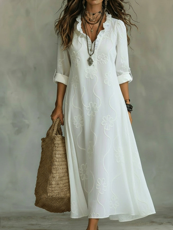 Vestido Maxi de mujer con escote volado y bordado floral, mangas con botón enrollable