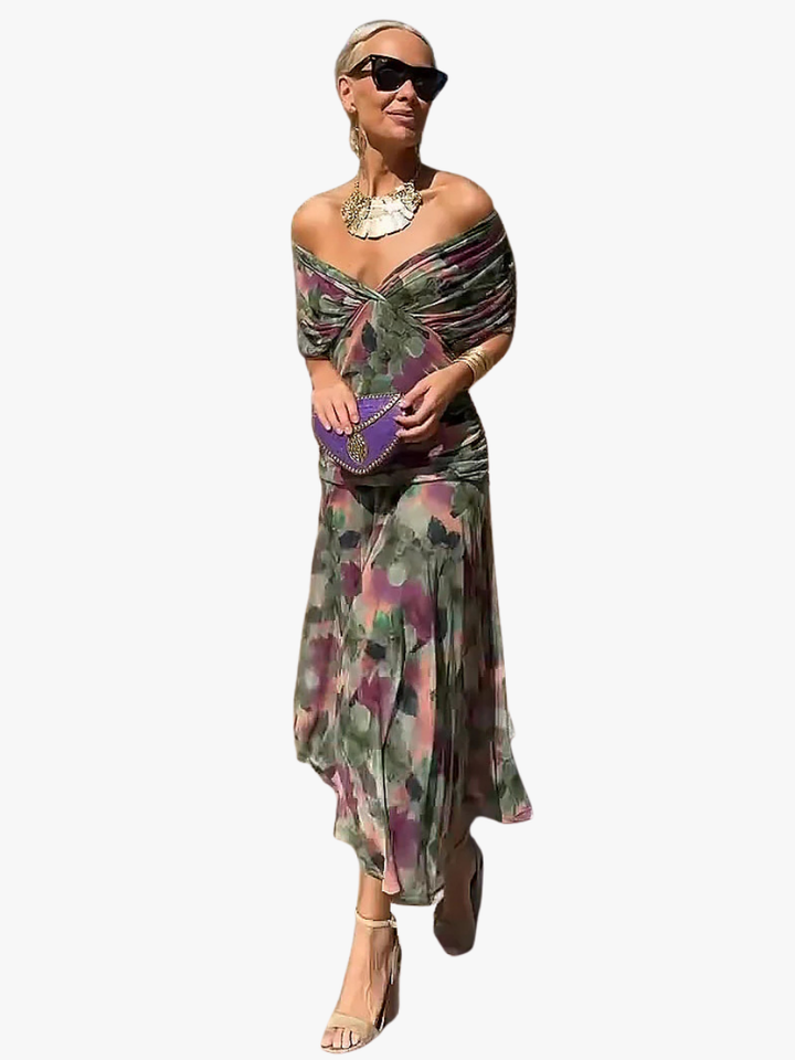 Vestido maxi para mujeres, escote en V drapeado, mangas cortas, cintura fruncida, falda fluida