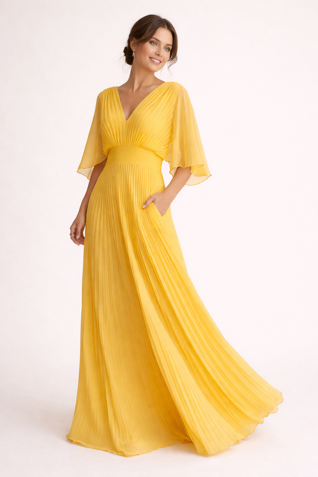 Vestido maxi de mujer, plisado, escote en V, mangas anchas, cintura definida