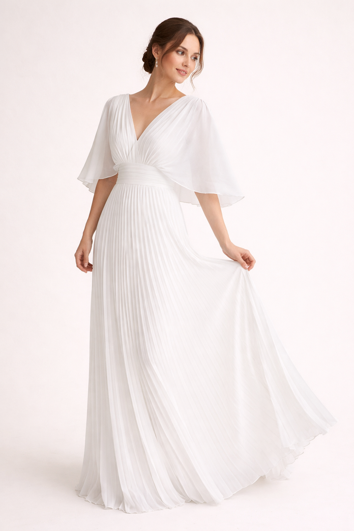 Vestido maxi de mujer, plisado, escote en V, mangas anchas, cintura definida