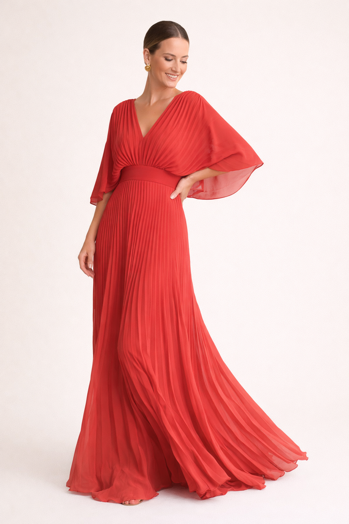 Vestido maxi de mujer, plisado, escote en V, mangas anchas, cintura definida
