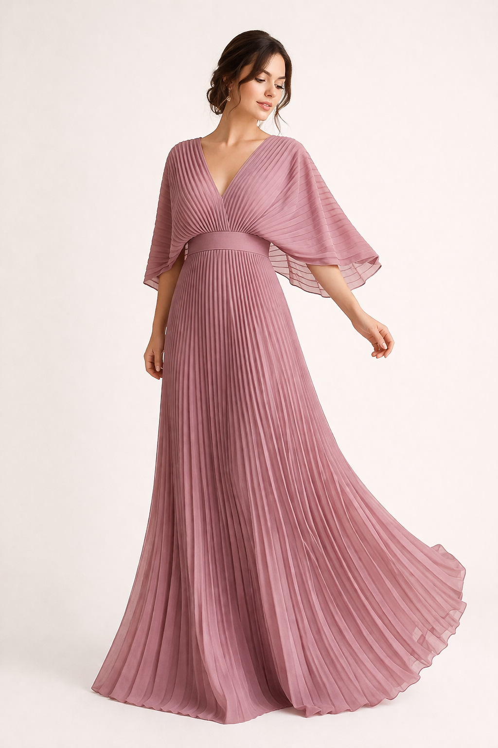 Vestido maxi de mujer, plisado, escote en V, mangas anchas, cintura definida