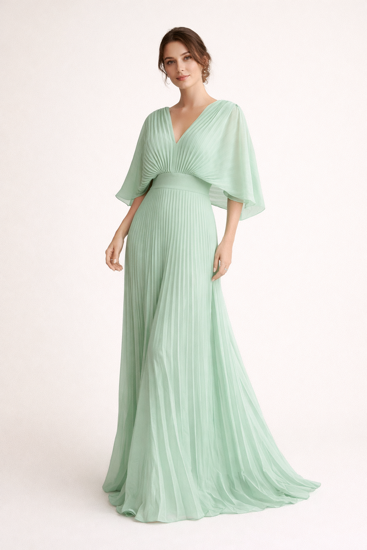 Vestido maxi de mujer, plisado, escote en V, mangas anchas, cintura definida