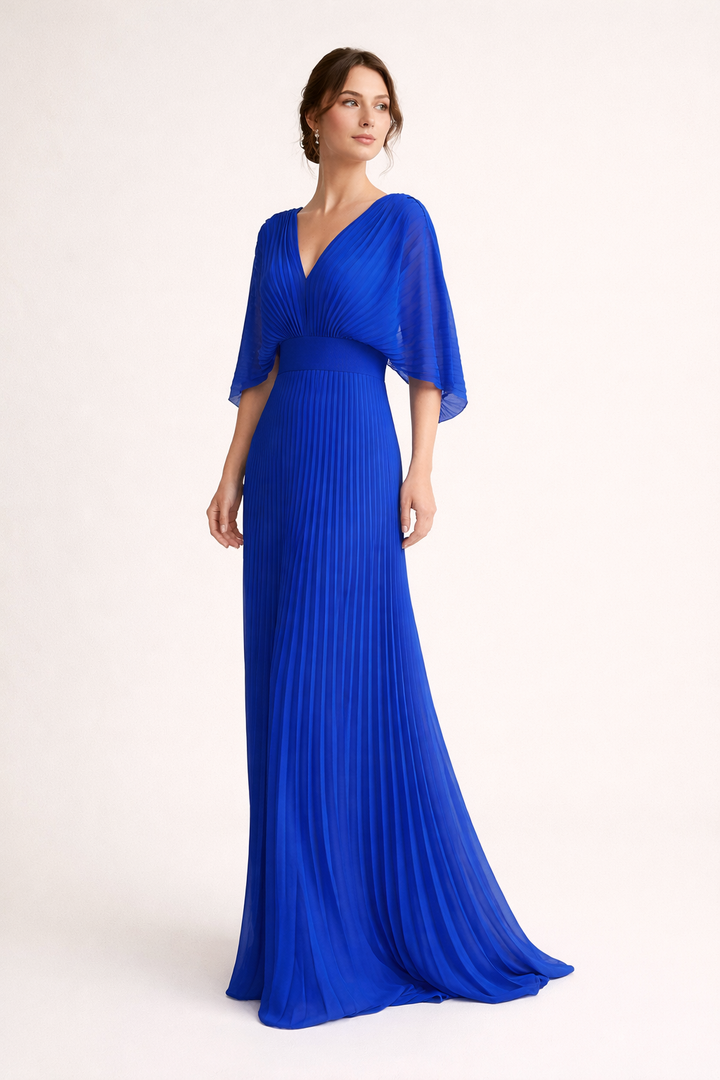 Vestido maxi de mujer, plisado, escote en V, mangas anchas, cintura definida