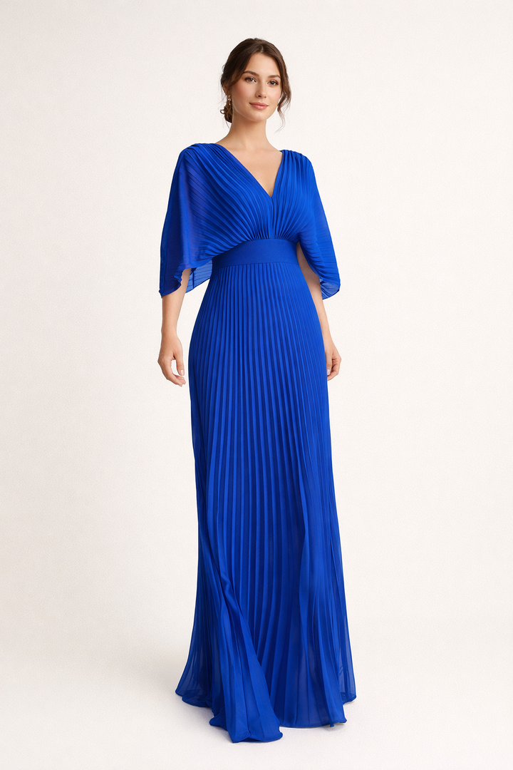Vestido maxi de mujer, plisado, escote en V, mangas anchas, cintura definida