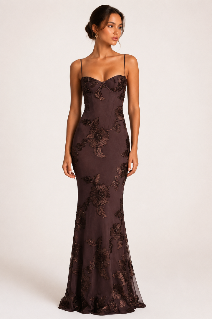 Vestido maxi marrón para mujer con top de bustier, bordado floral, tirantes finos, espalda con cordones