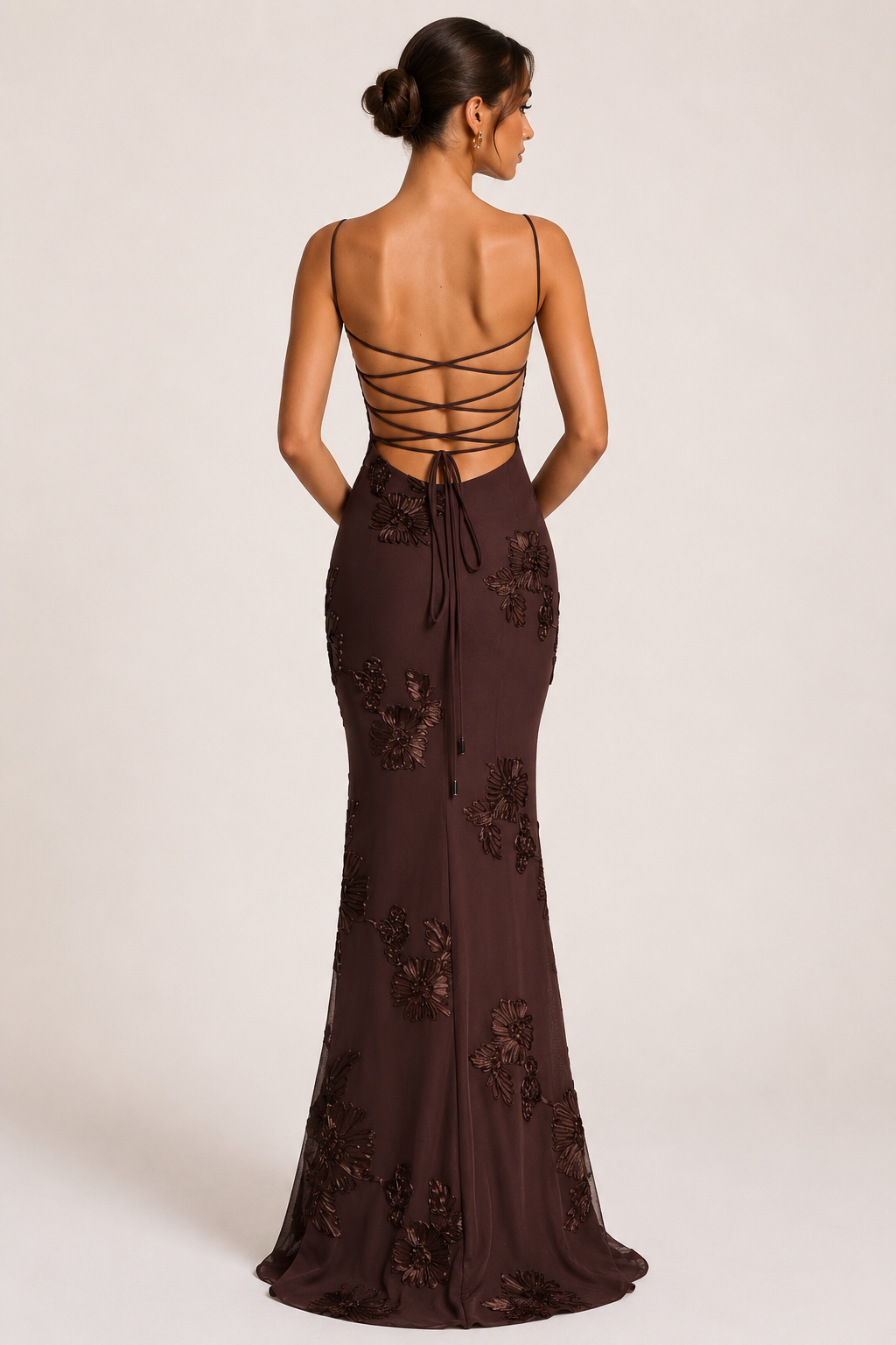 Vestido maxi marrón para mujer con top de bustier, bordado floral, tirantes finos, espalda con cordones