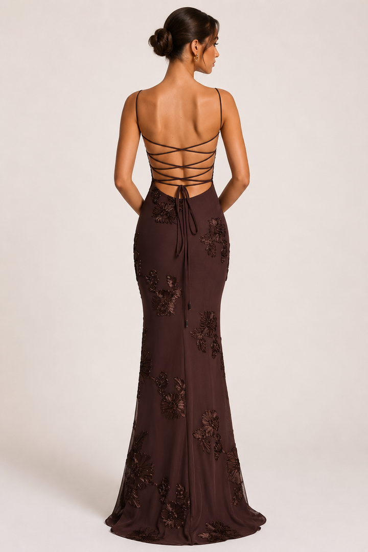 Vestido maxi marrón para mujer con top de bustier, bordado floral, tirantes finos, espalda con cordones