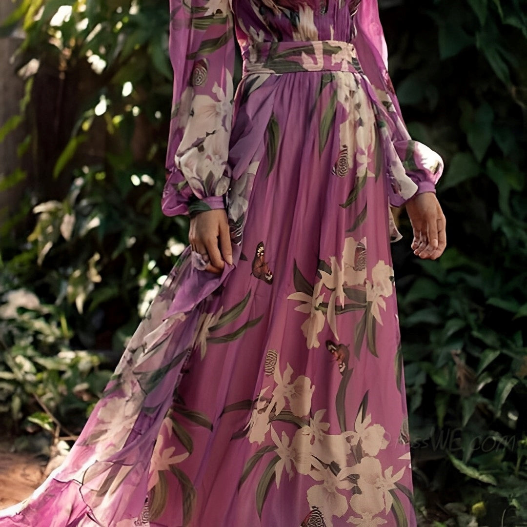 Vestido maxi multicolor para mujer con escote en V y mangas largas
