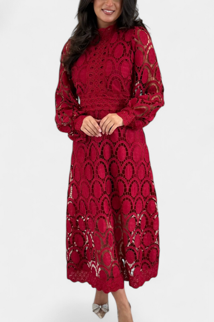 Jovie Vestido Midi de Encaje Bordado con Cuello Alto