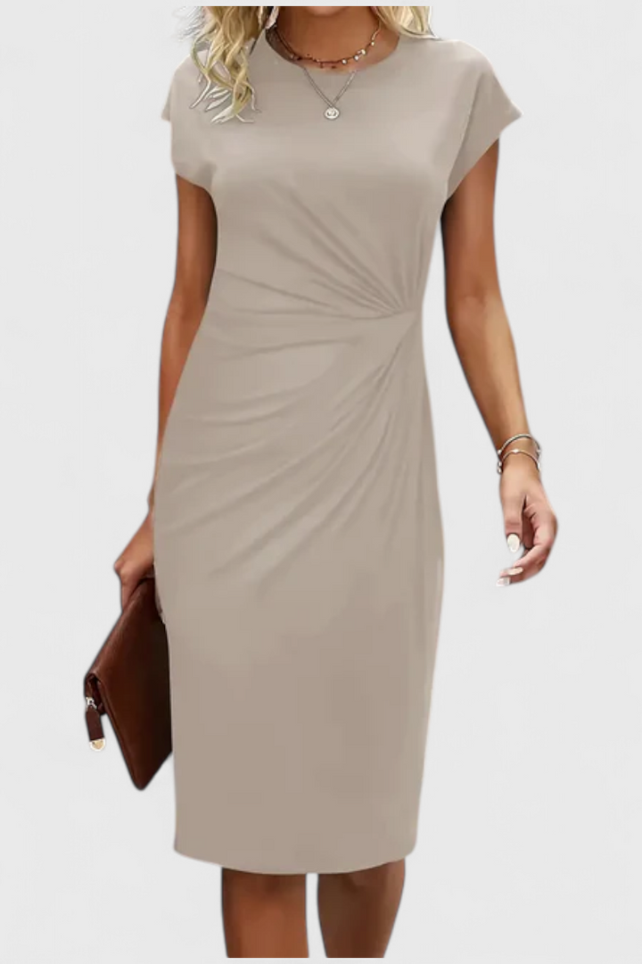 Katrina Vestido Midi Atemporal con Cuello Redondo y Detalle Drapeado