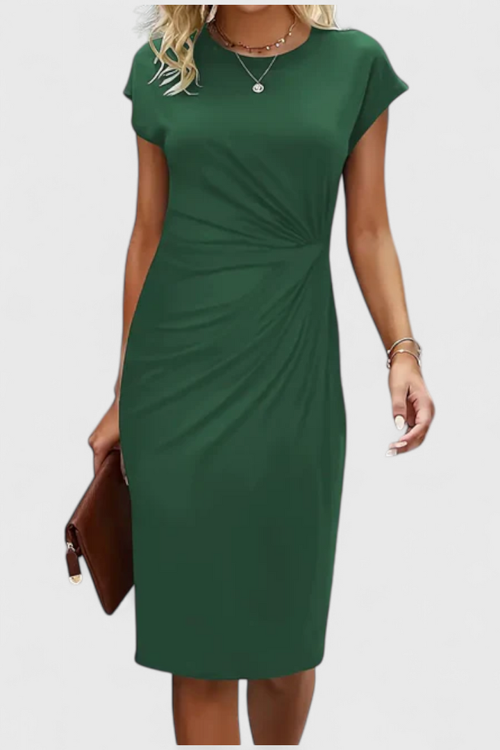 Katrina Vestido Midi Atemporal con Cuello Redondo y Detalle Drapeado