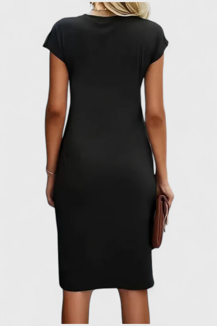 Katrina Vestido Midi Atemporal con Cuello Redondo y Detalle Drapeado