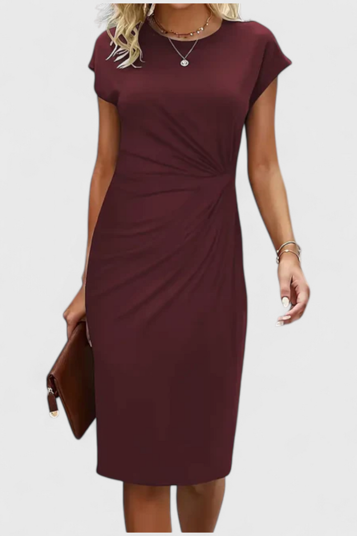 Katrina Vestido Midi Atemporal con Cuello Redondo y Detalle Drapeado