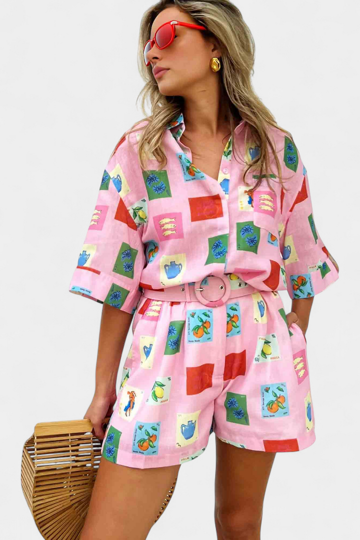Mariluz Conjunto de Camisa y Shorts con Estampado Rosa