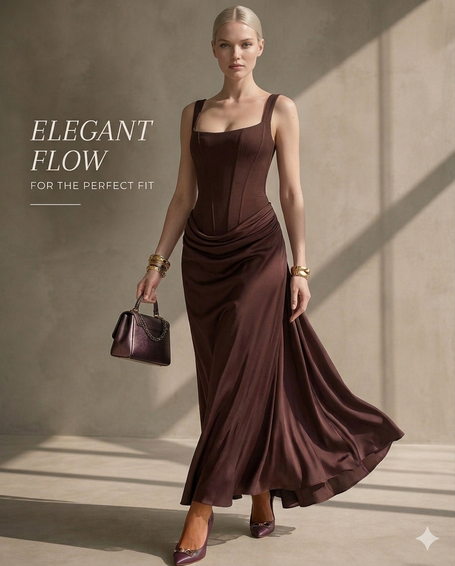 Vestido maxi para mujeres, escote cuadrado, cintura drapeada, corsé estructurado