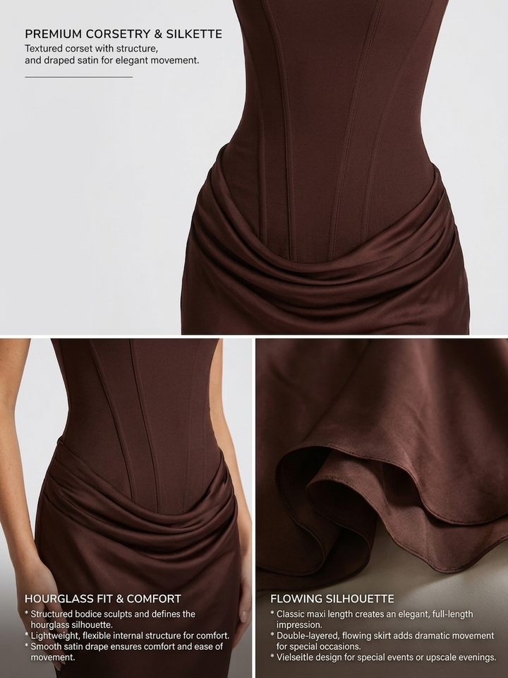 Vestido maxi para mujeres, escote cuadrado, cintura drapeada, corsé estructurado