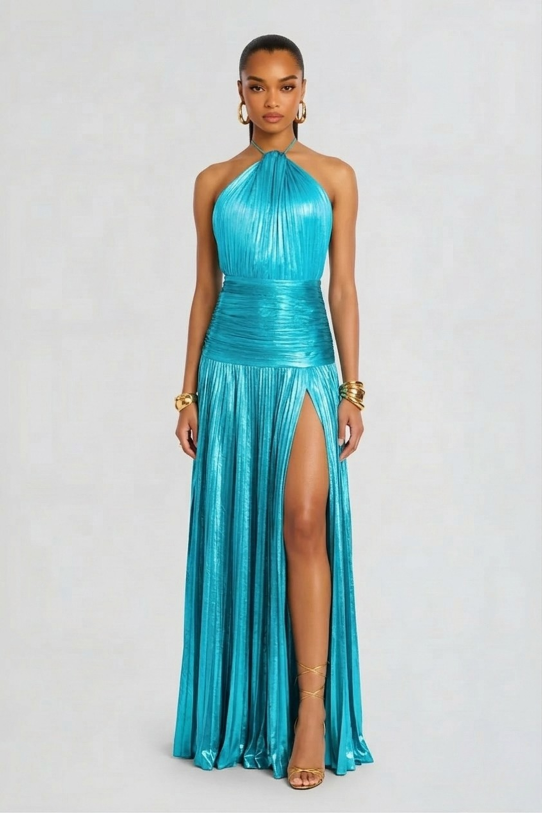 Vestido maxi para mujeres con cuello halter, plisado, abertura y sin espalda
