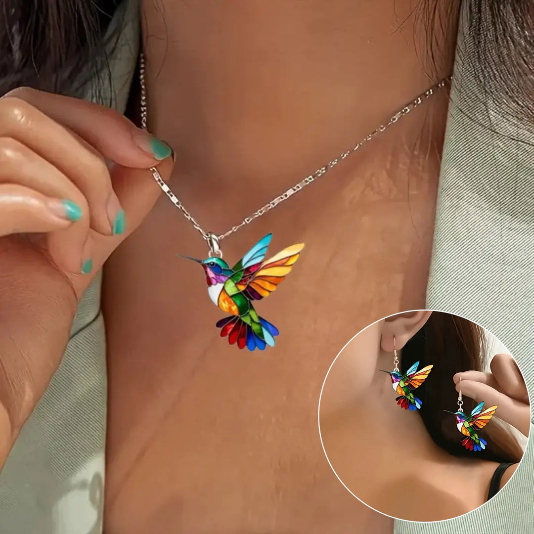 Precioso collar con colibrí y pendientes de regalo