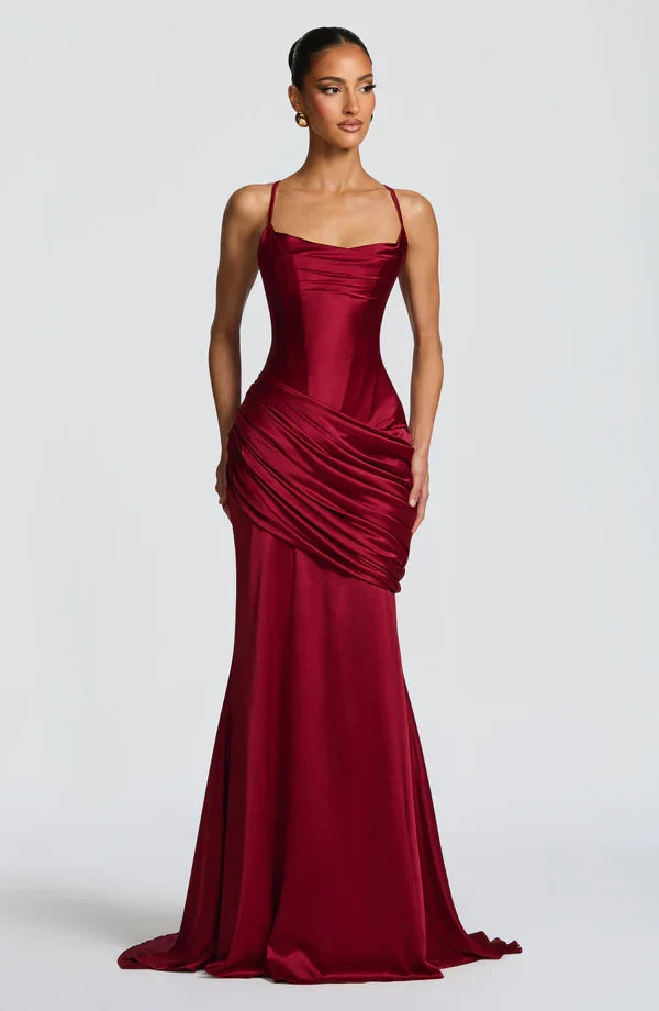 Vestido maxi de mujer con escote corazón, top de corsé, espalda con cordones, falda drapeada, tirantes finos