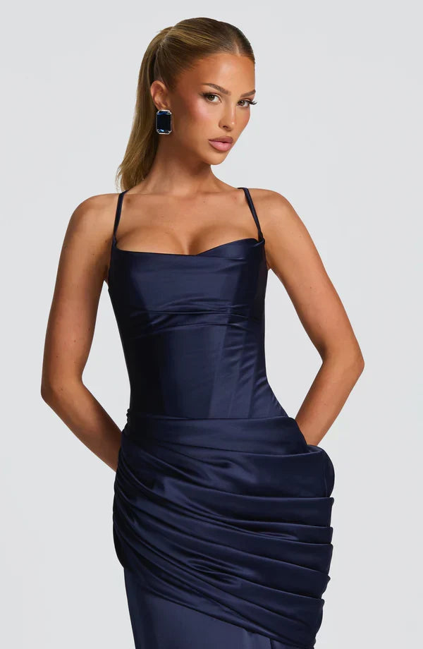 Vestido maxi de mujer con escote corazón, top de corsé, espalda con cordones, falda drapeada, tirantes finos
