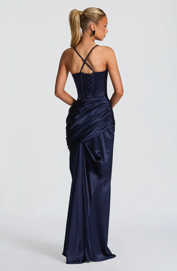 Vestido maxi de mujer con escote corazón, top de corsé, espalda con cordones, falda drapeada, tirantes finos