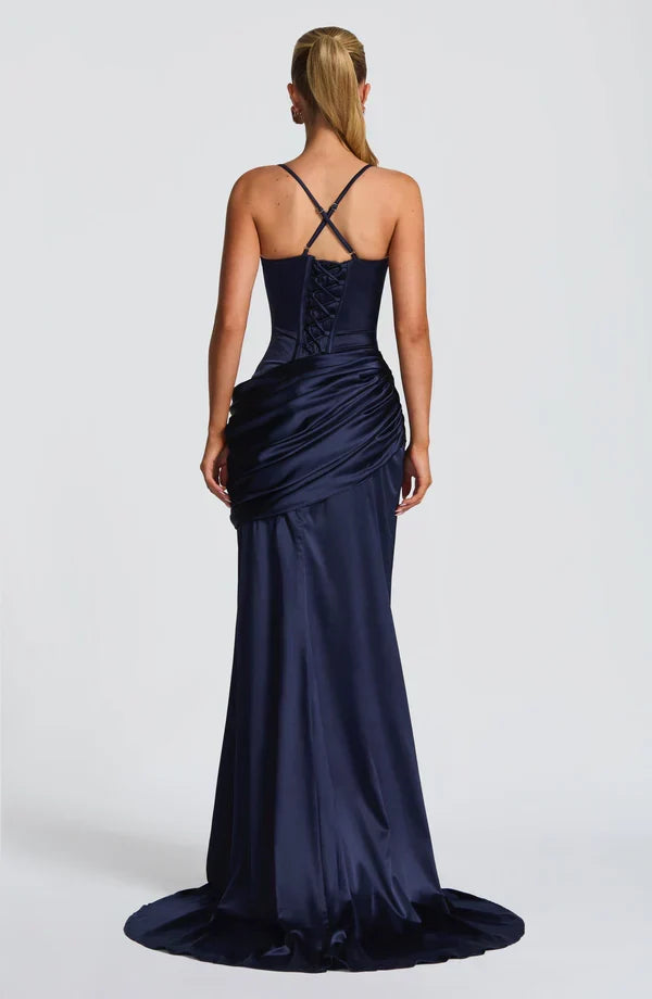 Vestido maxi de mujer con escote corazón, top de corsé, espalda con cordones, falda drapeada, tirantes finos