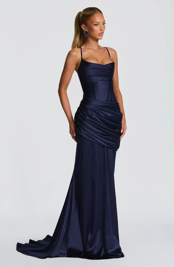 Vestido maxi de mujer con escote corazón, top de corsé, espalda con cordones, falda drapeada, tirantes finos