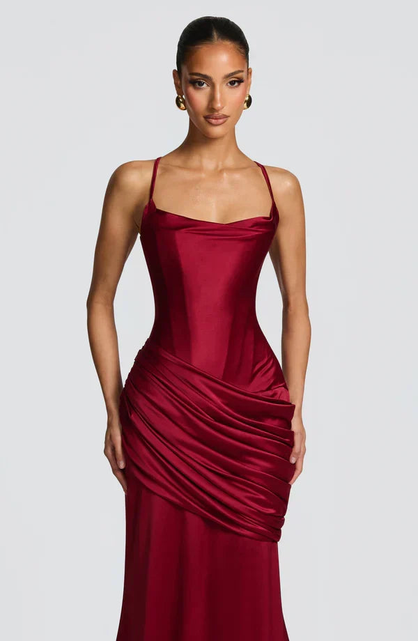 Vestido maxi de mujer con escote corazón, top de corsé, espalda con cordones, falda drapeada, tirantes finos
