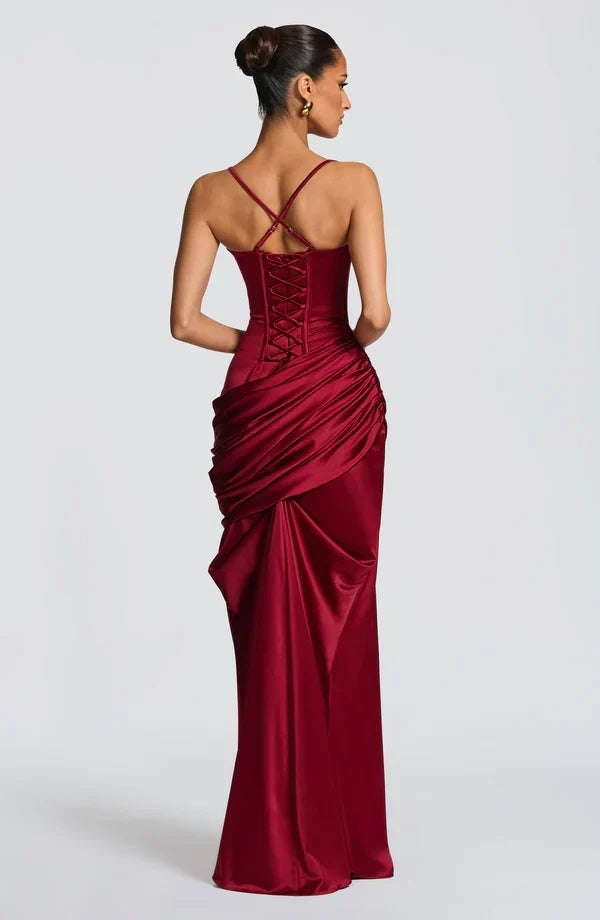 Vestido maxi de mujer con escote corazón, top de corsé, espalda con cordones, falda drapeada, tirantes finos