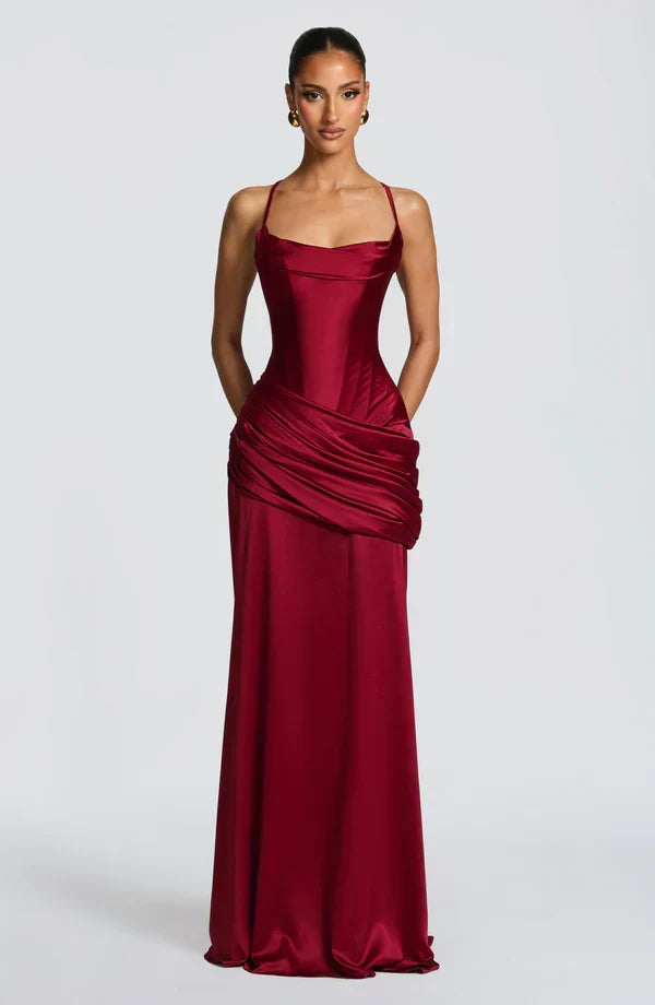 Vestido maxi de mujer con escote corazón, top de corsé, espalda con cordones, falda drapeada, tirantes finos