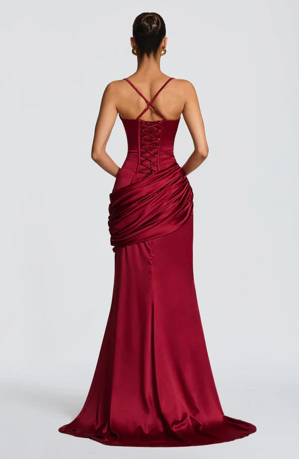 Vestido maxi de mujer con escote corazón, top de corsé, espalda con cordones, falda drapeada, tirantes finos