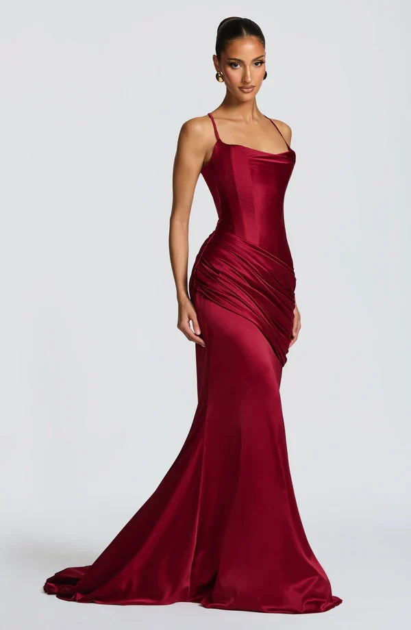 Vestido maxi de mujer con escote corazón, top de corsé, espalda con cordones, falda drapeada, tirantes finos
