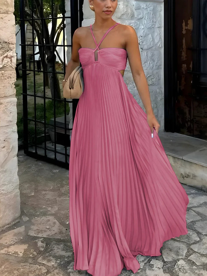 Vestido maxi con cuello halter plisado y corte lateral en la cintura