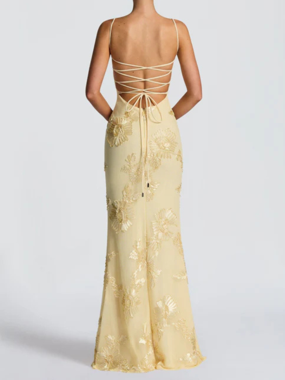 Vestido maxi amarillo pálido para mujer con top de corsé, bordado floral, corte ajustado
