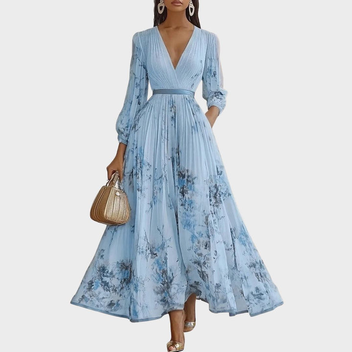 Vestido maxi para mujer con escote en V, plisado, multicolor y con bolsillos laterales