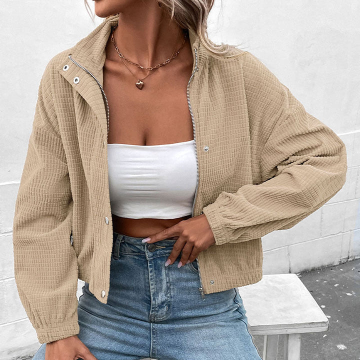 Chaqueta corta de manga larga para mujer con bolsillos