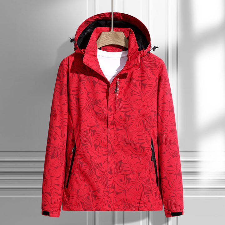 Chaqueta ligera impermeable y cortavientos para mujer, con capucha y patrón de hojas