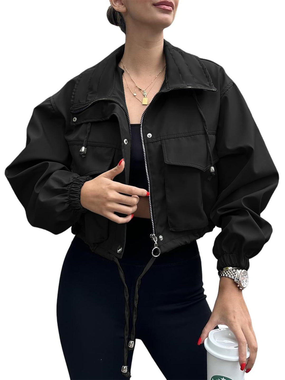 Chaqueta corta de señora con cordón ajustable y puños elásticos