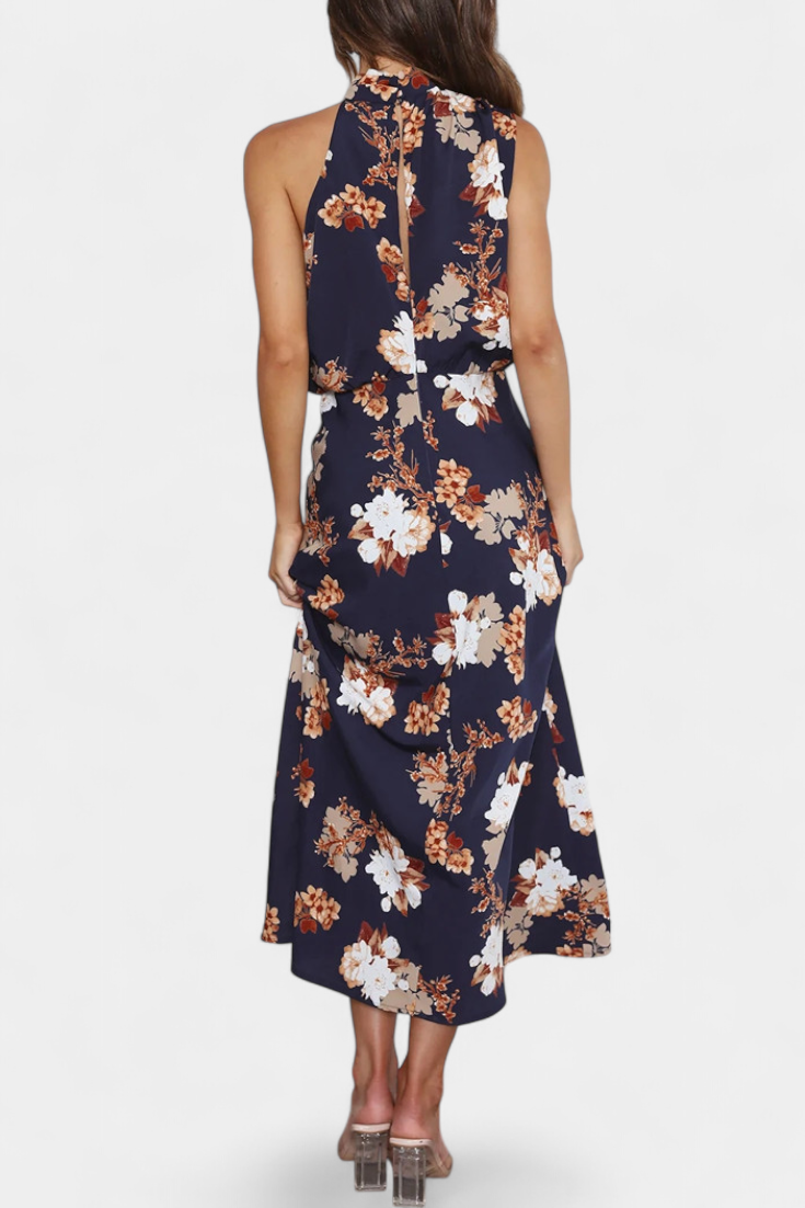 Lisa Vestido Maxi Floral con Cuello Halter y Cintura Elástica