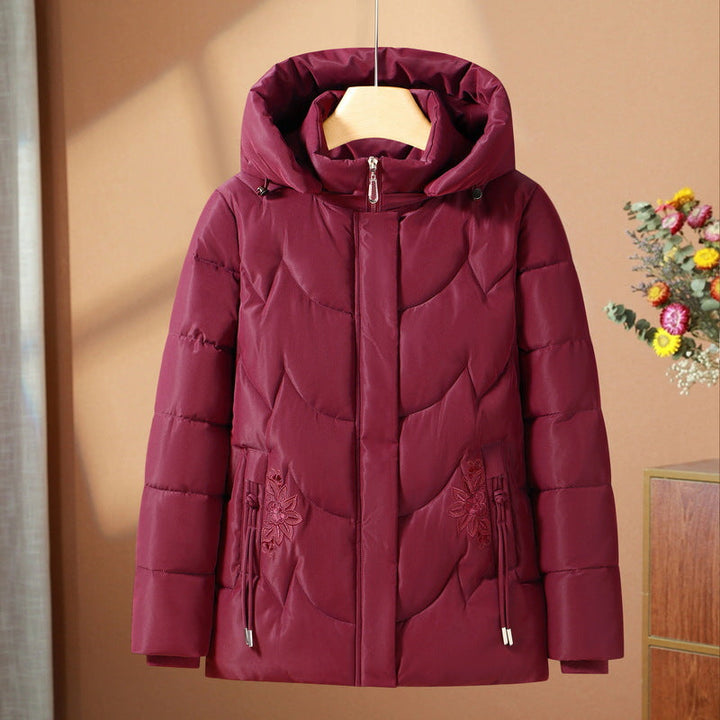 Abrigo térmico acolchado de exterior para mujer, con capucha y bordado floral
